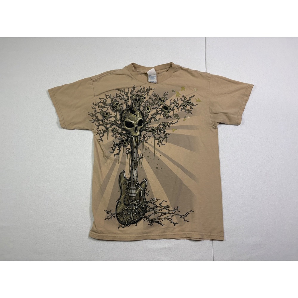 Tennessee River Mens Graphic T-Shirt Tan Skulls Guitar Tree Rock Metal Size M